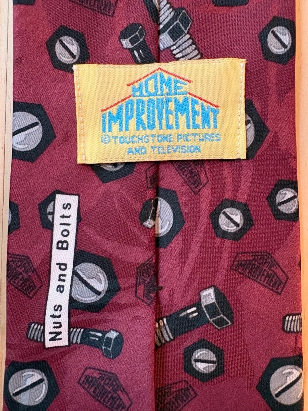 Vintage 90s Home Improvement TV Show Novelty Tie Burgundy Nuts & Bolts Tool Time